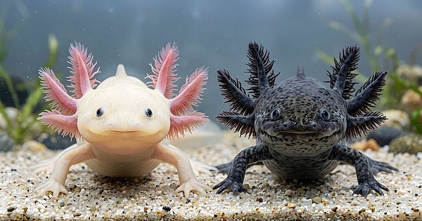 Ein weißes und ein dunkles Axolotl in einem Aquarium.