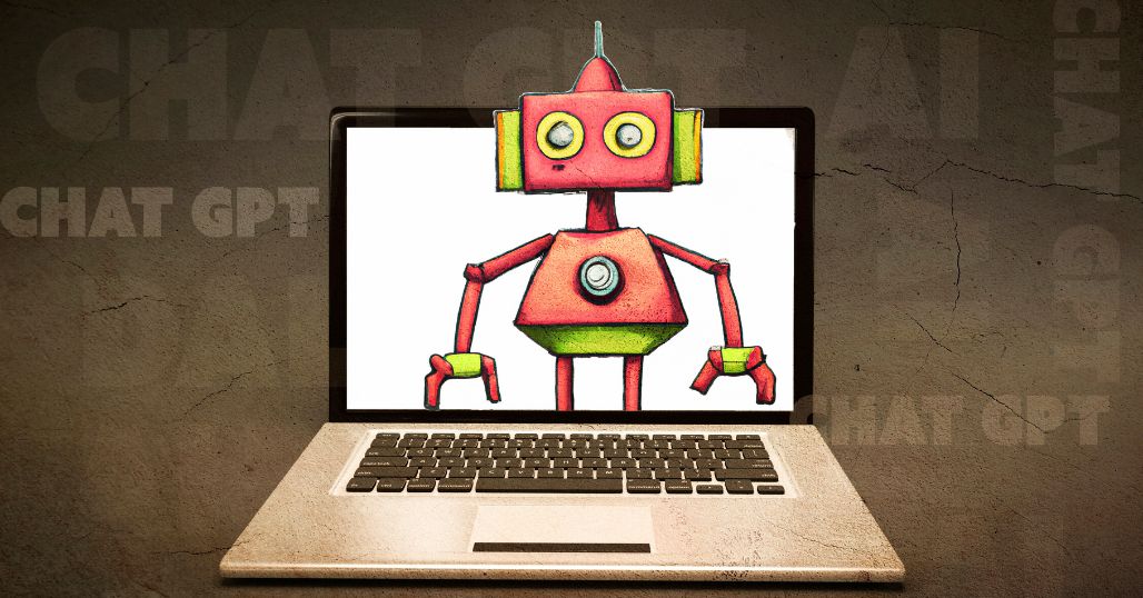 Ein aufgeklapptes Laptop vor dunklem Hintergrund, aus dem Laptop kommt ein gezeichneter Roboter in rot und grün.